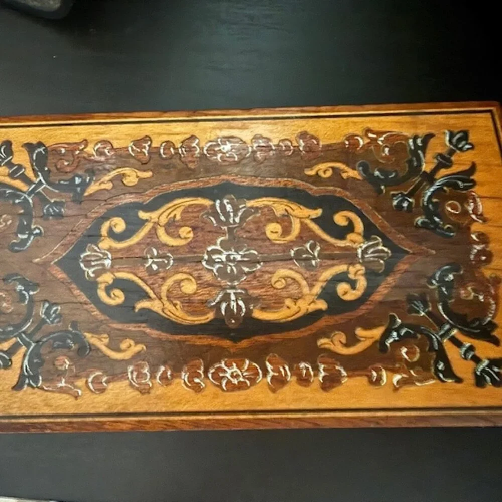 Small Wooden Treasures Box with Intricate Design on Lid